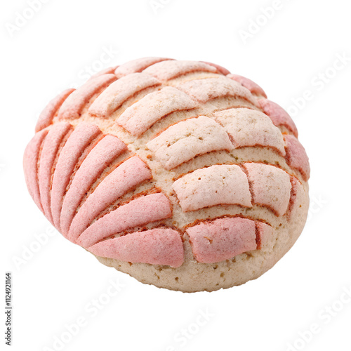 A single concha bread roll with a pink, shell-shaped crust pattern, resting on a clean white background, isolated on transparent background