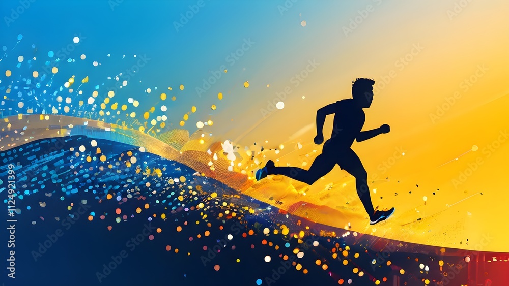 Naklejka premium illustration of a wave of data points shaping into a runner's silhouette, conveying speed and precision guided by AI