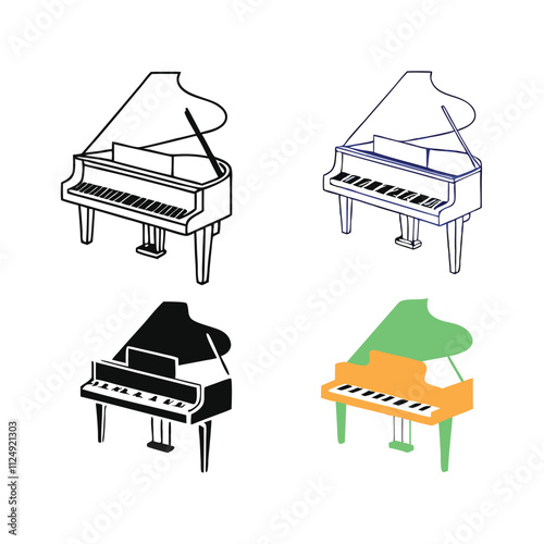 four black and white illustrations of grand pianos