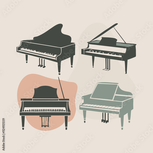 four black and white illustrations of grand pianos