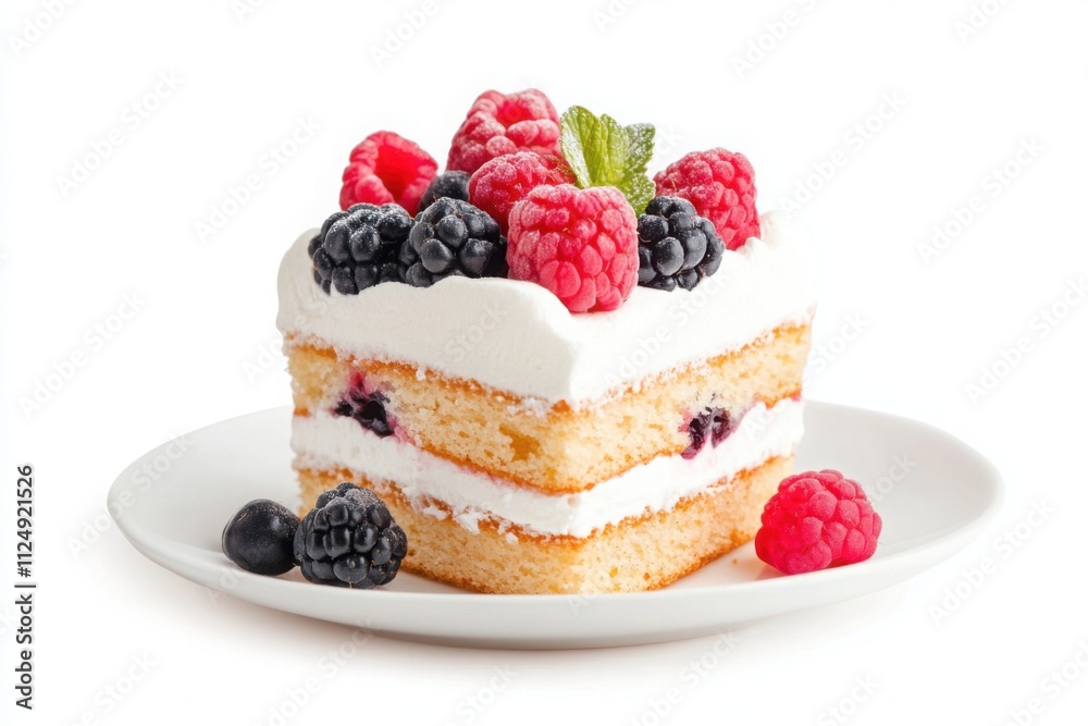 Slice of layered cake decorated with whipped cream, raspberries, and blackberries, served on white plate Slice of layered cake decorated with whipped cream, raspberries, and blackberries, served on white plate
