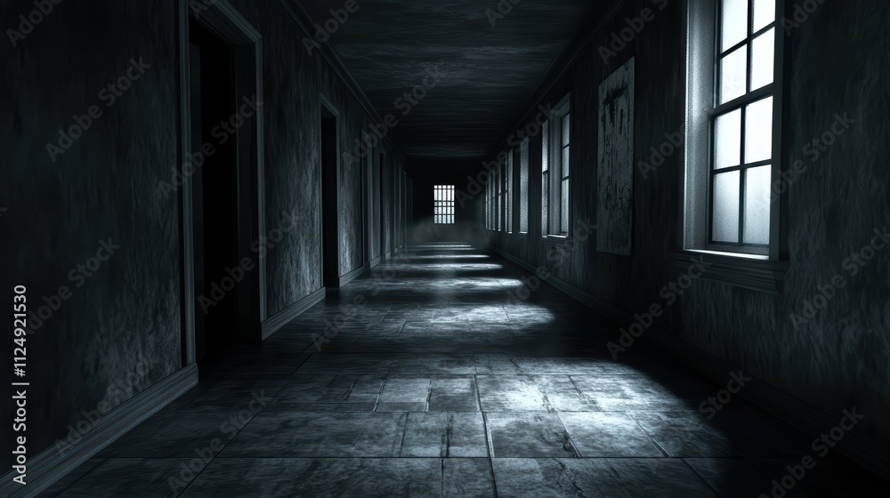 Dark and Eerie Hallway With Shadows and Light Streaming In Dark and Eerie Hallway With Shadows and Light Streaming In