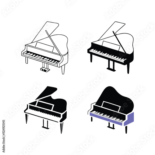 four black and white illustrations of grand pianos