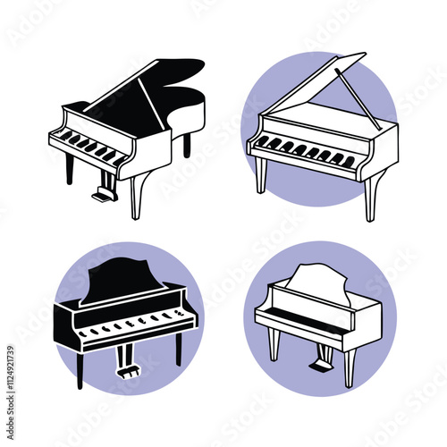 four black and white illustrations of grand pianos