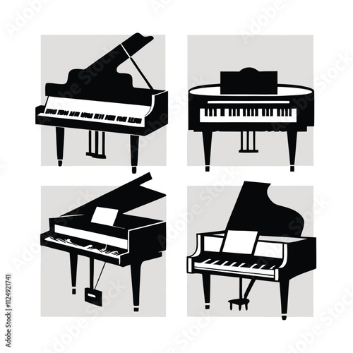 four black and white illustrations of grand pianos