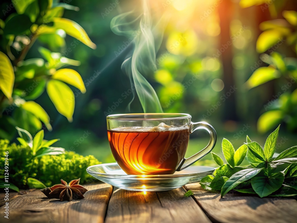 Panoramic Herbal Tea Photography: Steaming Cup, Tea Bag, Green Leaves Panoramic Herbal Tea Photography: Steaming Cup, Tea Bag, Green Leaves