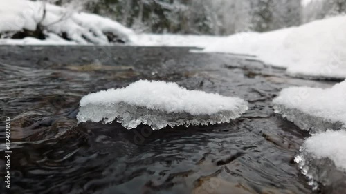 Winter river flowing gently with snow and ice formations along the banks in a serene forest landscape