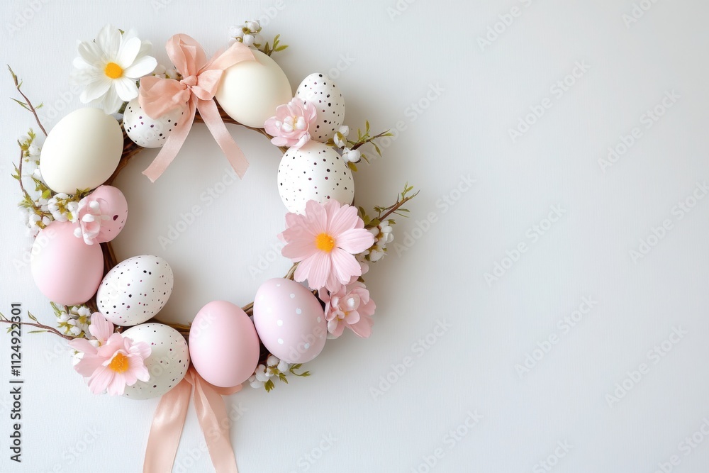 Beautiful easter wreath with colorful eggs and flowers on white background Beautiful easter wreath with colorful eggs and flowers on white background
