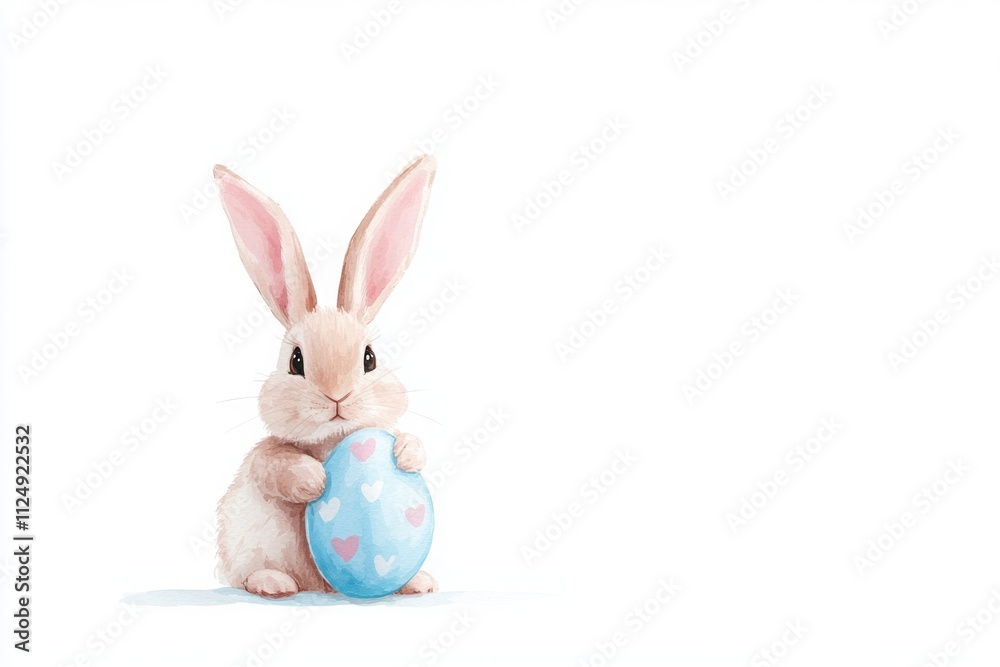Fototapeta premium Watercolor painting of an adorable easter bunny holding a decorated egg with hearts, perfect for easter projects