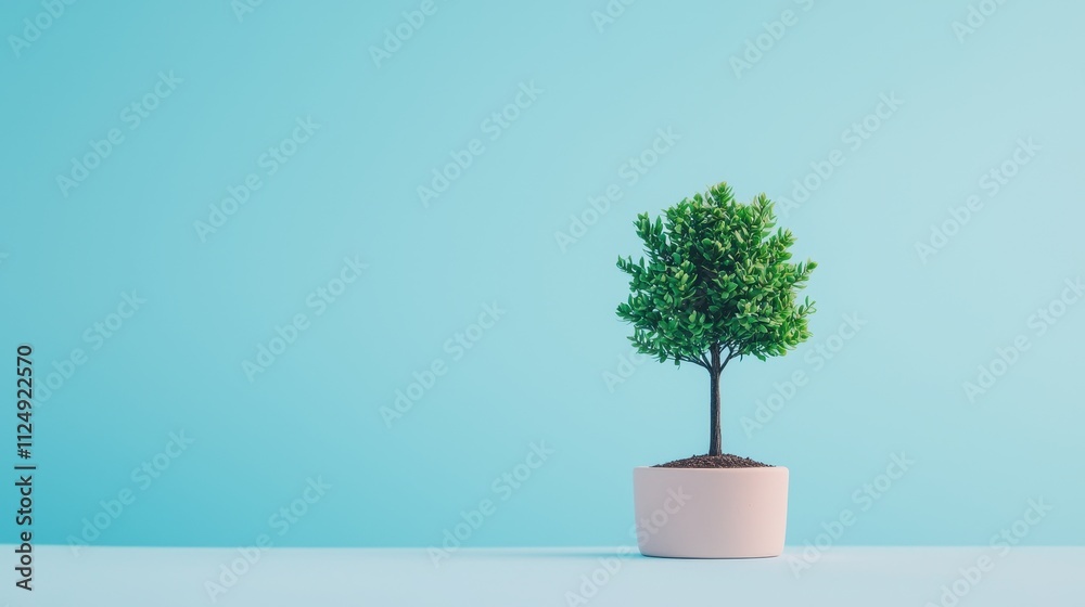 Lush Green Plant in Simple Pot Against Soft Blue Background for Interior Design Inspiration Lush Green Plant in Simple Pot Against Soft Blue Background for Interior Design Inspiration