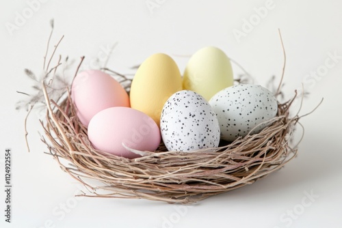 Pastel-colored easter eggs nestled in a bird's nest evoke feelings of spring and new beginnings