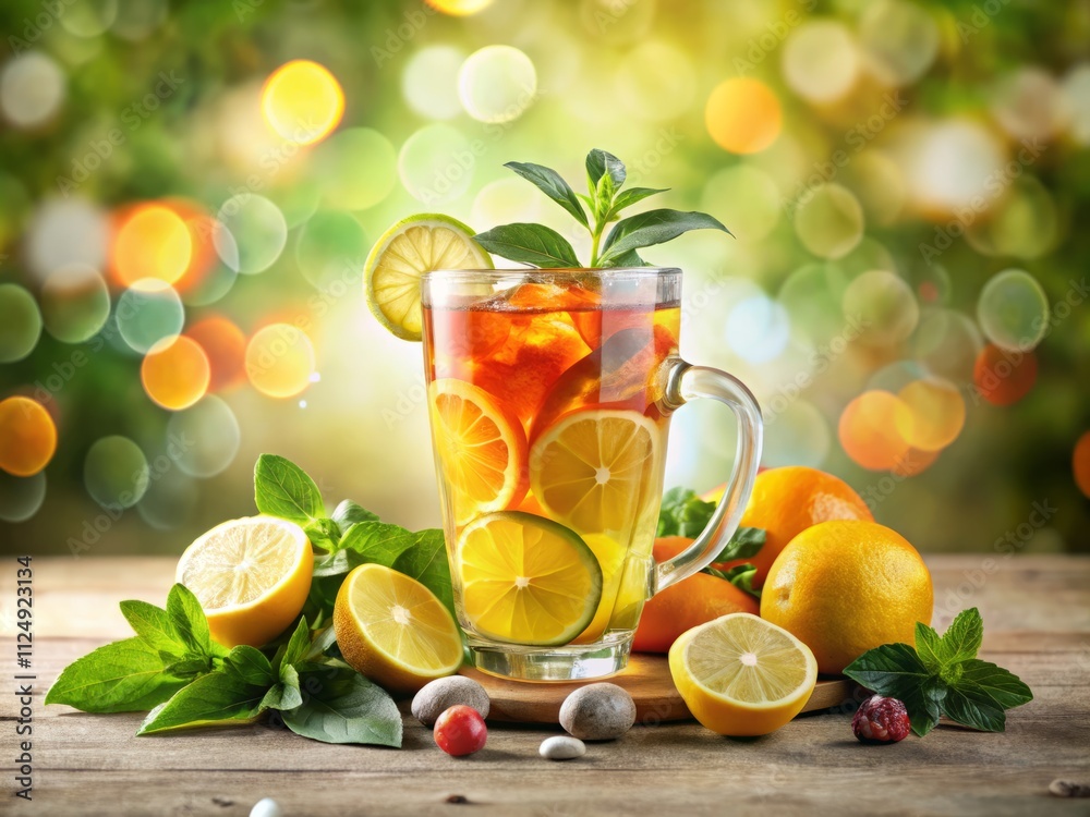 Fototapeta premium Refreshing Double Exposure of Iced Tea on a White Background Capturing Summer Vibes and Chill Moments in a Glass with Citrus Fruits and Green Leaves for a Perfect Beverage Experience