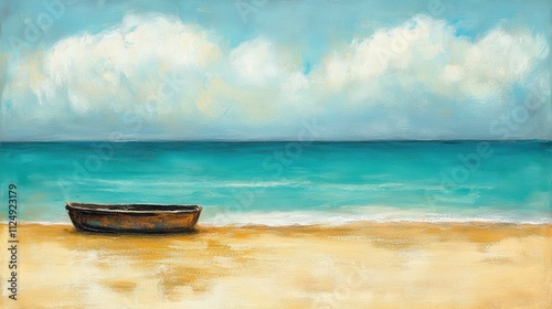 Tranquil Seascape with Boat on Golden Beach and Blue Sky