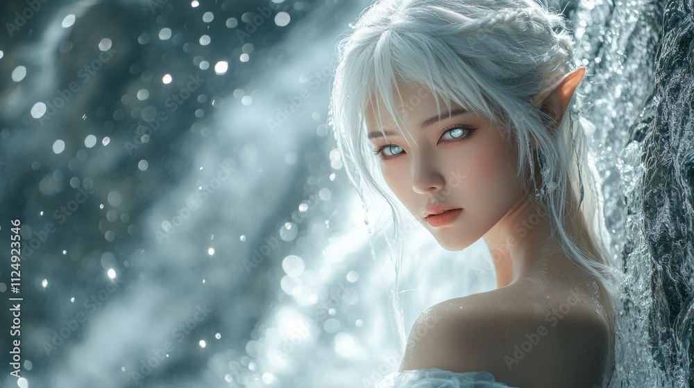 An Asian fairy girl with pearly white hair and posing in the middle of a flowing waterfall, her outfit is enchanting background wallpaper AI generated image An Asian fairy girl with pearly white hair and posing in the middle of a flowing waterfall, her outfit is enchanting background wallpaper AI generated image