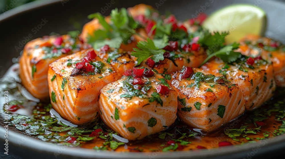 Salmon Ceviche Marinated with Lime, Soy Sauce, and Sesame Oil, Topped with Fresh Chili and Cilantro for an Asian-Inspired Flavor Twist Salmon Ceviche Marinated with Lime, Soy Sauce, and Sesame Oil, Topped with Fresh Chili and Cilantro for an Asian-Inspired Flavor Twist