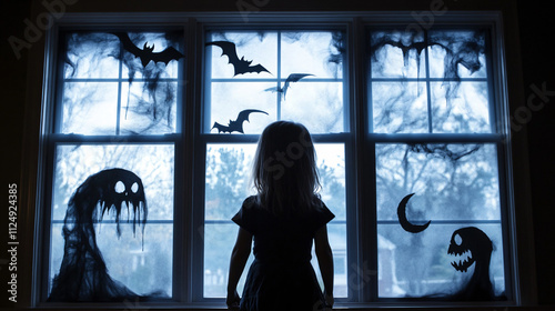 Decorating windows with spooky silhouettes and decals. photo