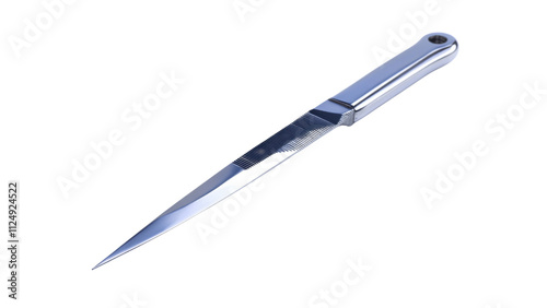 Scalpel with a sharp, reflective blade and handle, angled, isolated on white background