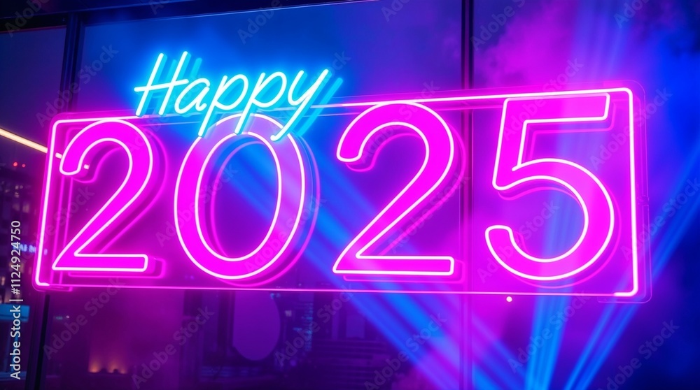 Vibrant Neon Happy 2025 Sign with City Lights Vibrant Neon Happy 2025 Sign with City Lights