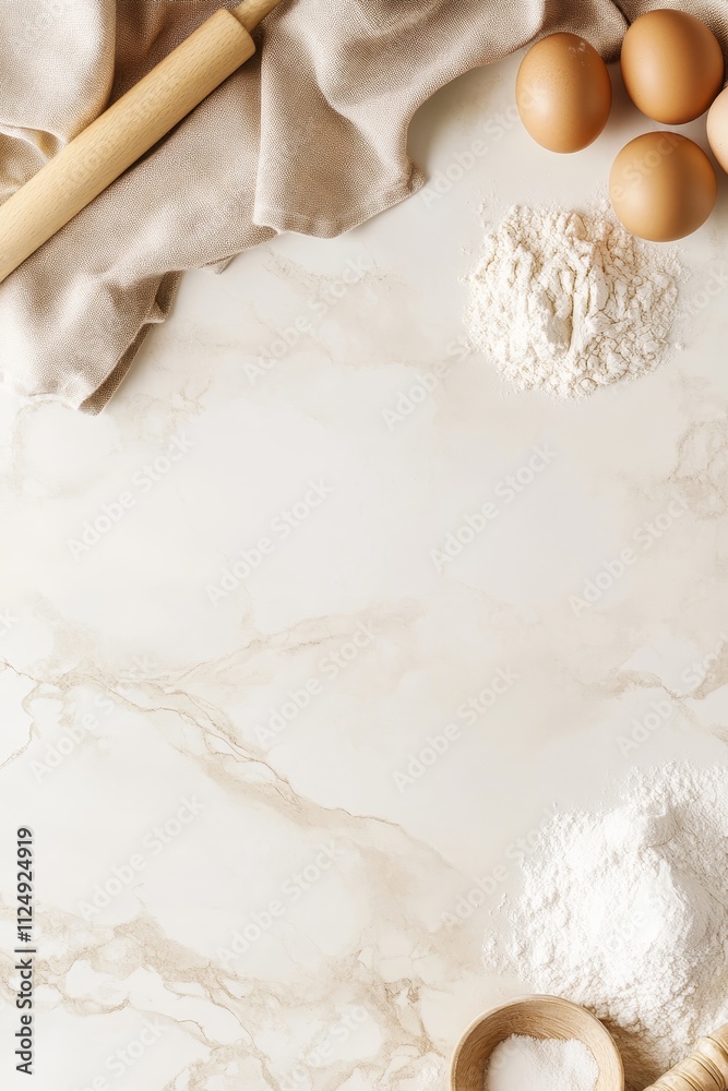 Baking background on white stone table, flour, sugar, eggs, rolling pin, towel, top view, copy space