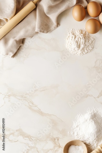 Baking background on white stone table, flour, sugar, eggs, rolling pin, towel, top view, copy space