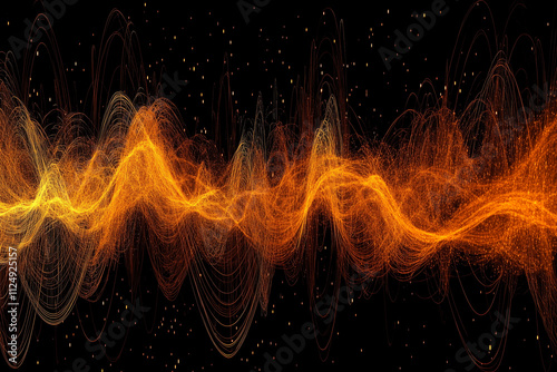 Orange and Yellow abstract energy background with wavy lines and sparkles on black with copy space