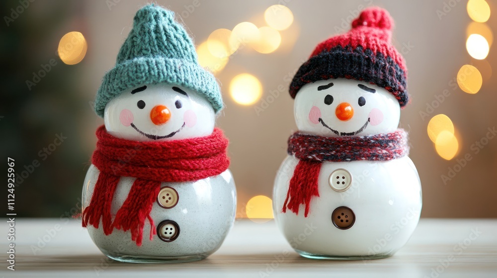 Creative snowman-themed mason jars decorated with buttons, scarves, and tiny hats Creative snowman-themed mason jars decorated with buttons, scarves, and tiny hats