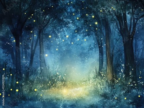 Enchanted forest, fireflies glowing, night scene.