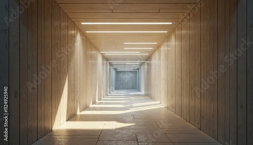 Symmetrical Wooden Tunnel with Warm Glowing Light