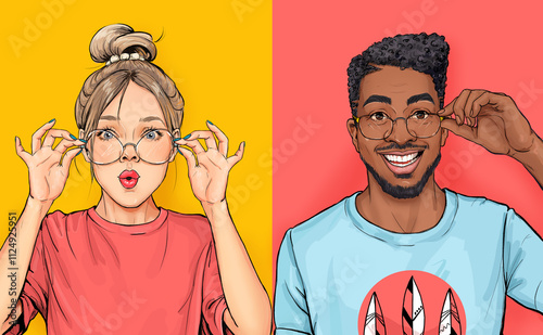 Young surprised woman and smiling man wear spectacles, look with surprised expression, being from various nations, express shock and happiness. Wow people
