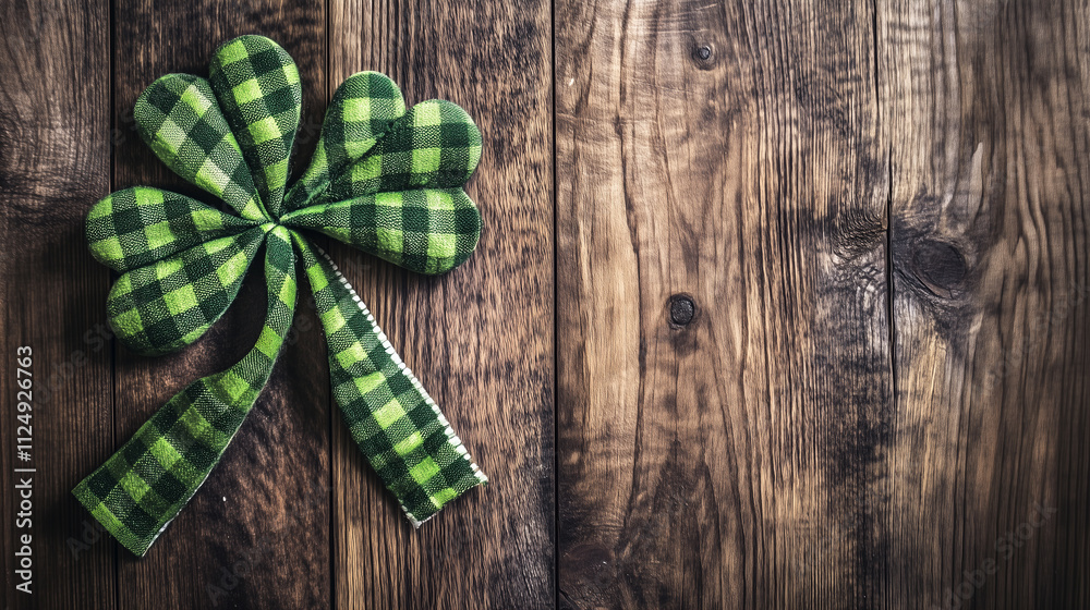 Fototapeta premium St Patricks day background with wood surface and Irish plaid fabric.