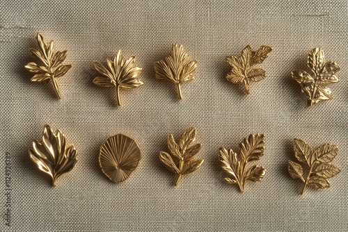 A curated selection of gold lapel pins, each depicting a different botanical specimen, neatly presented on a textured linen canvas. photo