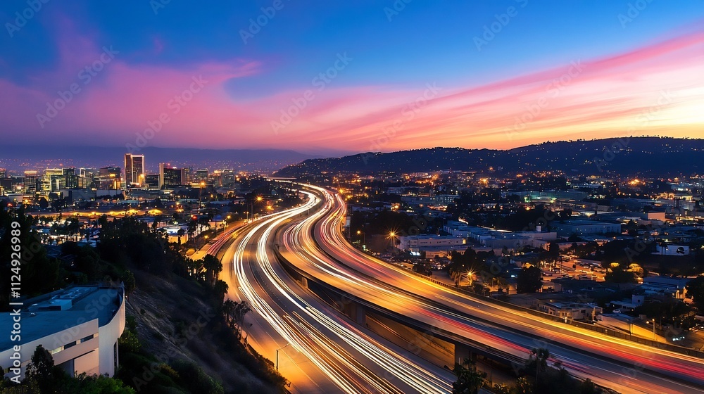 Bustling Nighttime Cityscape with Illuminated Highways and Flowing Traffic