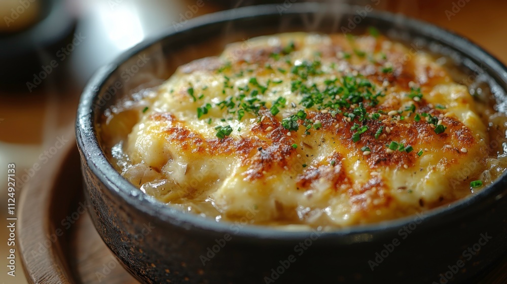 Steaming French Onion Soup with Miso Broth, Crispy Baguette, Melted Gruyère Cheese, and Fresh Thyme Garnish Steaming French Onion Soup with Miso Broth, Crispy Baguette, Melted Gruyère Cheese, and Fresh Thyme Garnish