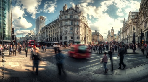 Walking people blur. Lots of people walking in the City of London. Wide panoramic view of people crossing the road.