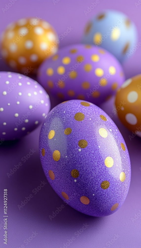 Group of Lavender and Gold Easter Eggs with Polka Dot Patterns on a Lavender Background Group of Lavender and Gold Easter Eggs with Polka Dot Patterns on a Lavender Background