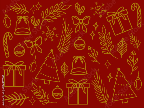 Festive Christmas illustration featuring gold line art icons of gifts, trees, ornaments, snowflakes, and holiday decorations on a red background. Perfect for seasonal projects and celebrations