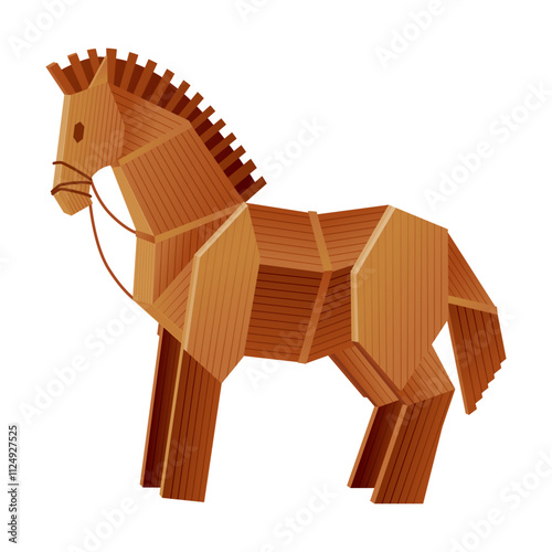 Trojan wooden horse. Children toy concept. Horse wooden figure. Wooden statue of ancient troy, history greece war, monument trojans old horse