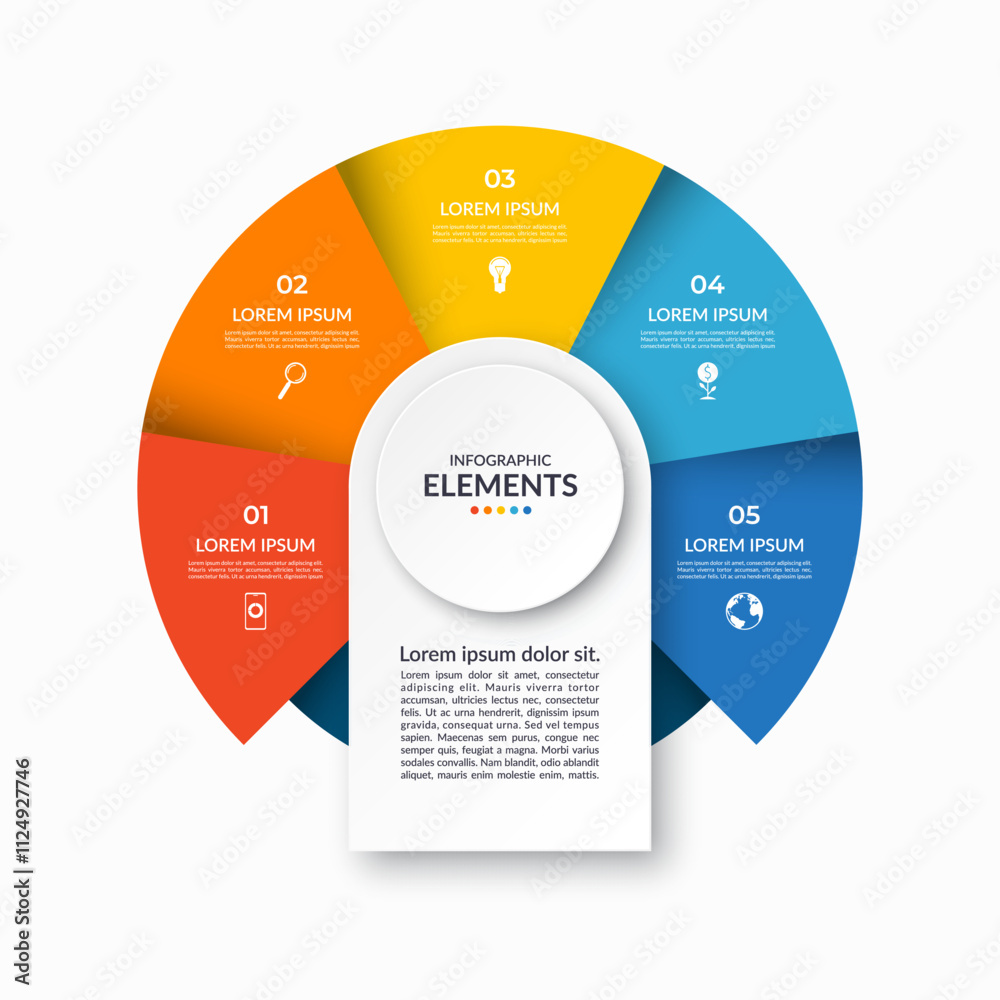 Infographic cycle diagram with 5 steps, parts. Vector infographic circular template with 5 options and place for text. Can be used for report, presentation, data visualization. Infographic cycle diagram with 5 steps, parts. Vector infographic circular template with 5 options and place for text. Can be used for report, presentation, data visualization.