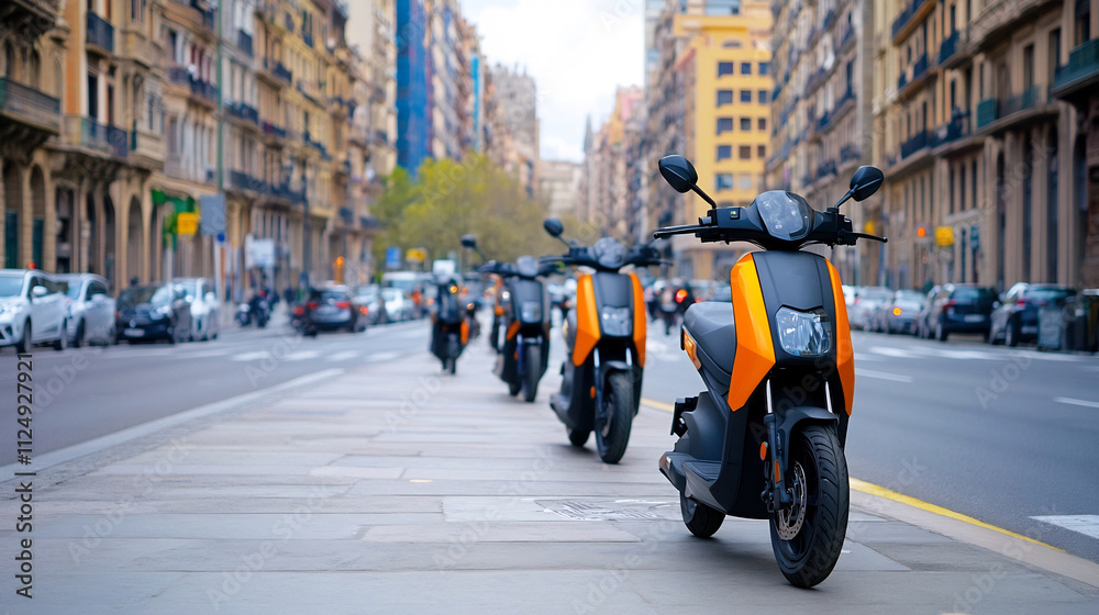 Obraz premium Lineup of Electric Scooters on a Bustling Urban Street Corner