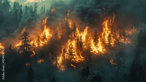 Intense forest fire erupts in wilderness captured aerially in dramatic scene highlighting nature's fury and destruction photo