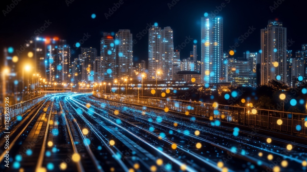 Digital Data Transfer on Railway Tracks with City Skyline, Vision of Speed and Technology at Night. Digital Data Transfer on Railway Tracks with City Skyline, Vision of Speed and Technology at Night.