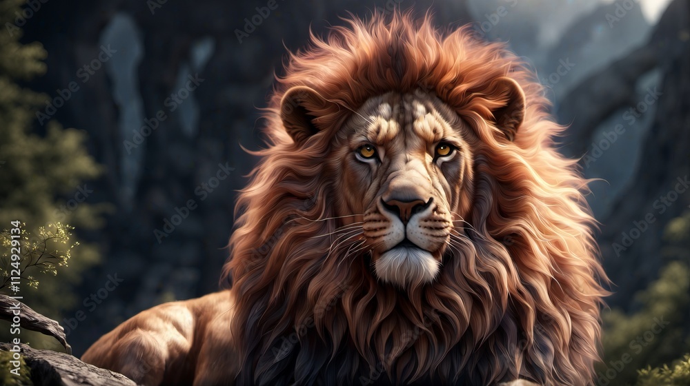 Fototapeta premium Majestic lion with a flowing mane resting in the serene wilderness