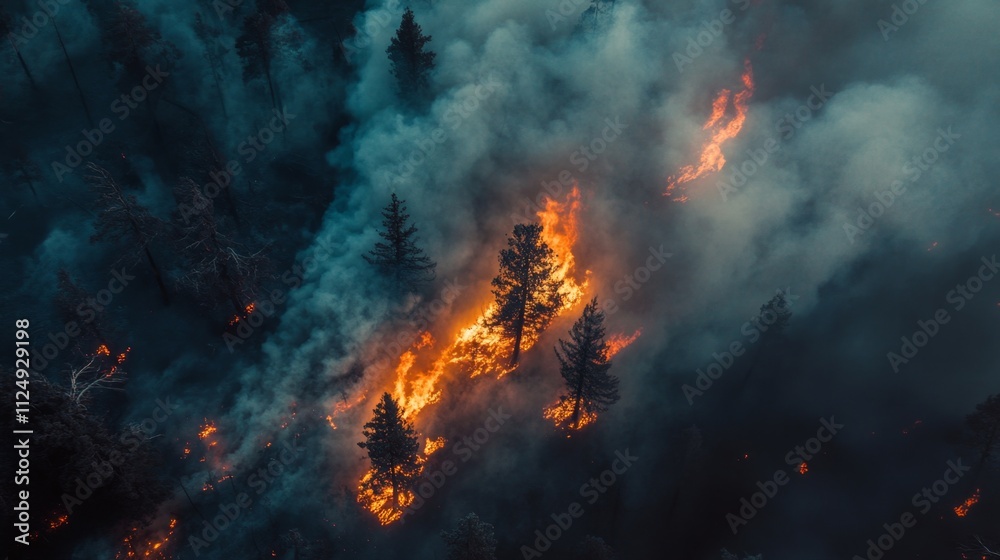 Wildfire spreads rapidly forest area aerial view smoke-filled environment environmental awareness Wildfire spreads rapidly forest area aerial view smoke-filled environment environmental awareness