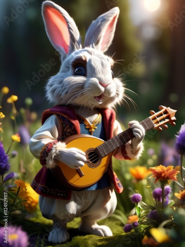 Charming rabbit playing a guitar in a vibrant floral meadow at sunrise