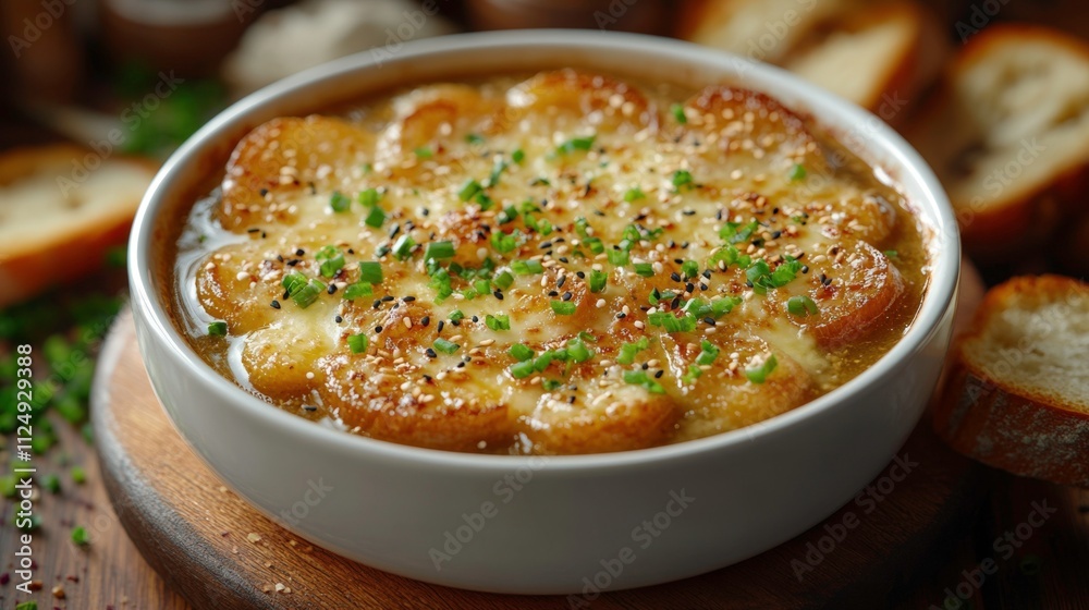 Steaming French Onion Soup with Miso Broth, Crispy Baguette, Melted Gruyère Cheese, and Fresh Thyme Garnish Steaming French Onion Soup with Miso Broth, Crispy Baguette, Melted Gruyère Cheese, and Fresh Thyme Garnish