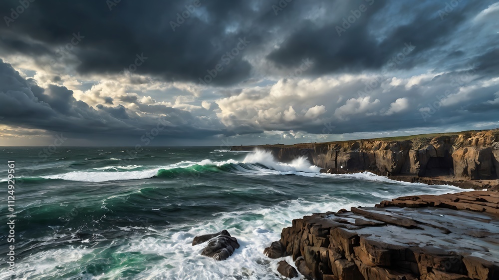  A Rugged Coastline with Waves and Dark Skies
