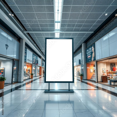 Modern shopping mall interior, sleek architecture, illuminated storefronts, gleaming tiled floor, central digital advertising display, bright fluorescent lighting, symmetrical perspective, empty hallw photo