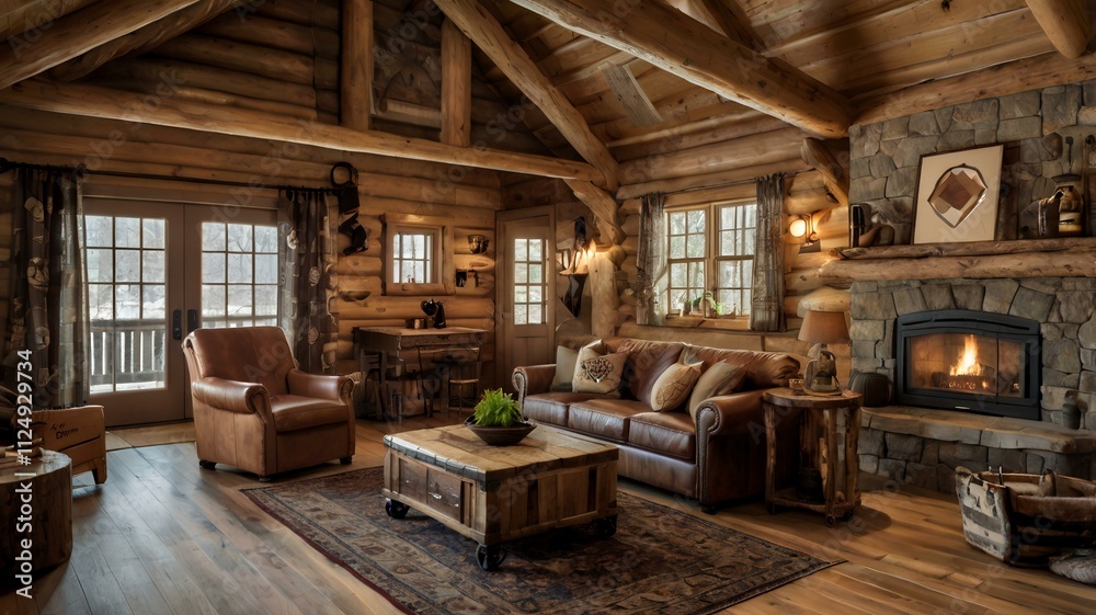 Naklejka premium interior design of a rustic log cabin