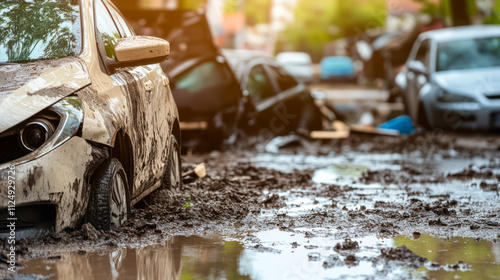 Mud and debris on the street, wrecked cars, aftermath of a sill or heavy flooding photo