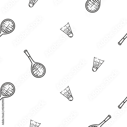 Simple black and white seamless pattern with badminton racket and shuttlecock. Vector background with sports and sports equipment for decoration, wrapping paper, print